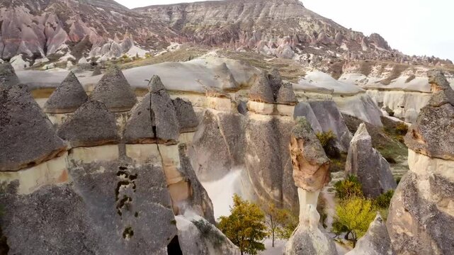 Cappadocia most popular view in Turkey. Goreme National Park. Drone footage shot of city.