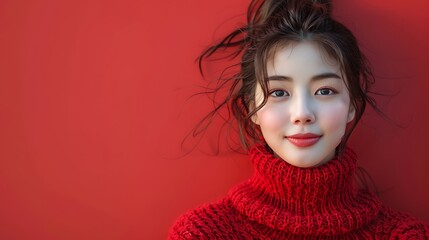 cute christmas korean women with copy space text red background