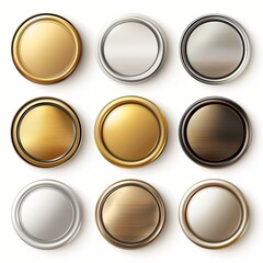 Detailed Metallic Button Illustrations in Gold, Silver, and Bronze - Perfect for UI Design and Game Elements