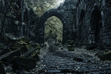 Fototapeta premium Crumbling stone path leading through the ruins of an ancient gothic archway
