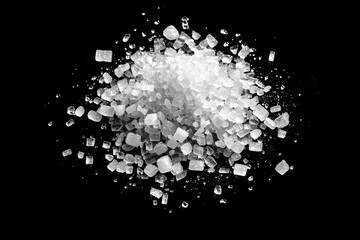 A pile of sugar crystals arranged neatly on a dark, matte black surface