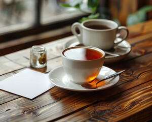 Fototapeta premium Minimalist Business Card Mockup with Pen and Tea on White Background for Design Presentations