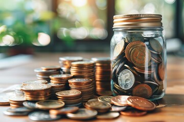 Glass Jar Filled With Coins on a Wooden Tabletop