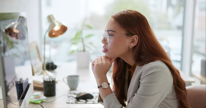 Business, thinking and woman with online reading for email, confused and review for complaint. Person, employee or consultant with computer for schedule, editing or feedback with doubt or frustrated