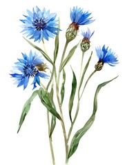 Fototapeta premium Watercolor Blue Cornflower Isolated on White Background.