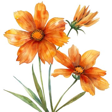 orange watercolor cosmos flowers on white clip art preview
