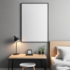 mock up blank poster on bedroom wall, 3D illustration background
