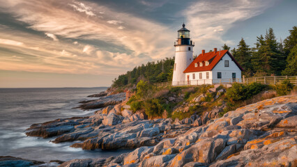 Obraz premium Lighthouse on Rocky Coast at Sunset