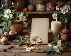 Tranquil Sympathy Card Mockup on Wooden Desk with White Flower and Candle for Custom Condolence Messages