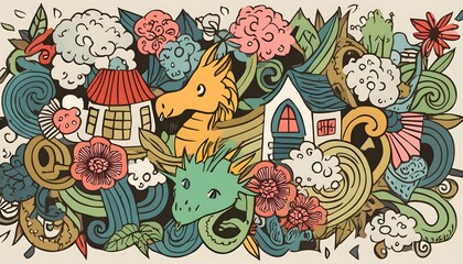 Naklejka premium Fantasy Doodle Art: Dragons, Houses and Flowers