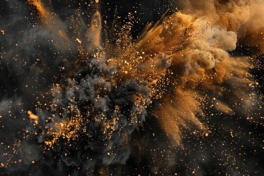 Gold and black powder exploding on black background, creating a dynamic and abstract cloud
