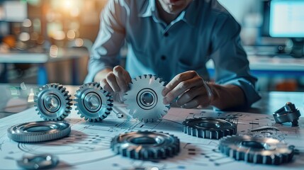Naklejka premium Mechanical Engineer with Gears: Working with mechanical parts.