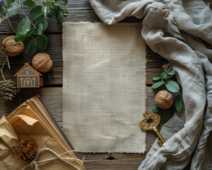 Welcoming Home: Blank Housewarming Card Mockup on Wooden Table with Key and Decorations for Custom Messages