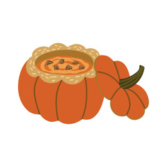 Vector isolated element. Pumpkin soup. Pumpkin. Autumn time. Harvesting. Halloween. Color image on a white background. The print is used for packaging design.