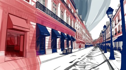 Fototapeta premium A vibrant urban street scene with colorful awnings and classic architecture.