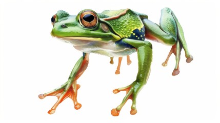 Fototapeta premium Playful cartoon frog jumping, painted in a cute watercolor style on a white background