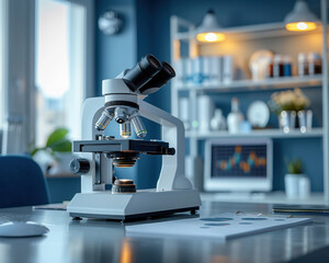Blank Medical Research Grant Proposal Mockup on Scientist's Desk with Lab Equipment & Computer for Customization