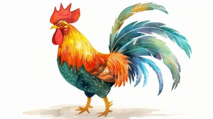 Fototapeta premium Watercolor illustration of a cheerful cartoon rooster, standing on a white background