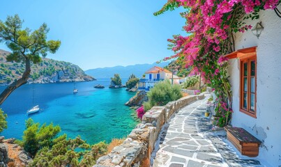 Vibrant Island Paradise: Lush Greenery, Turquoise Waters, Traditional Whitewashed Houses, and Blooming Bougainvillea Under a Bright, Sunny Sky