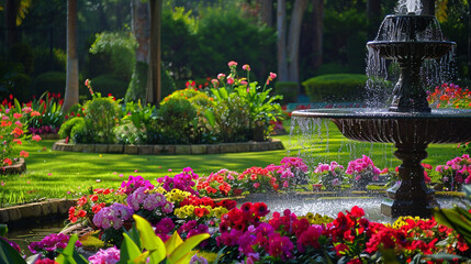 Obraz premium fountain in the garden of colorful flowers