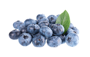 Fresh blueberry with green leaves, isolated on white background. Bilberry or whortleberry berries. Clipping path.