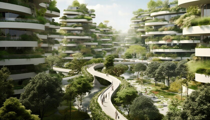 Building with tree in sustainable urban design featuring ecosystem in the future