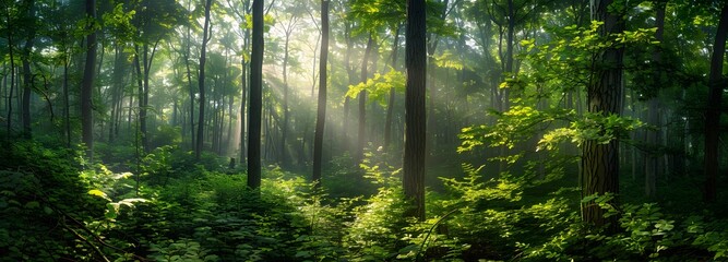 Fototapeta premium Sunbeams Through Lush Green Forest