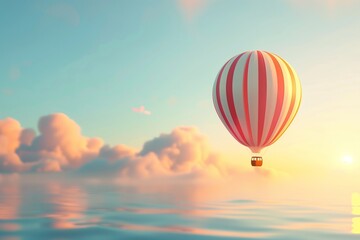 Fototapeta premium Serene Sunset Hot Air Balloon Ride Over Tranquil Waters - Beautiful Illustration