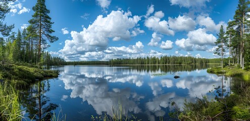 Fototapeta premium Tranquil Finnish Forest Lake with Reflection