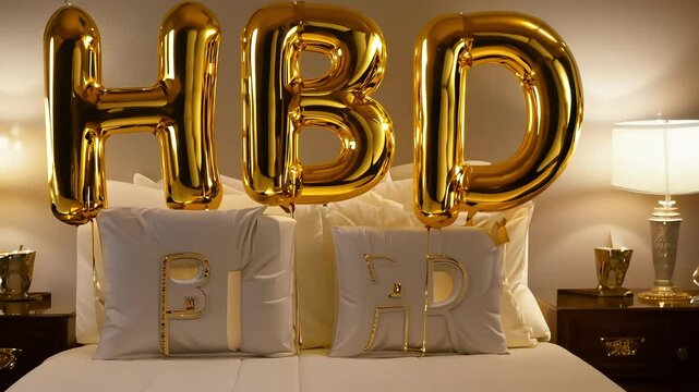 Birthday celebration with golden balloons on bed with Ai generated.
