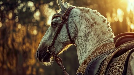Fototapeta premium Elegant white horse adorned with intricate bridle and saddle standing in a sunlit forest