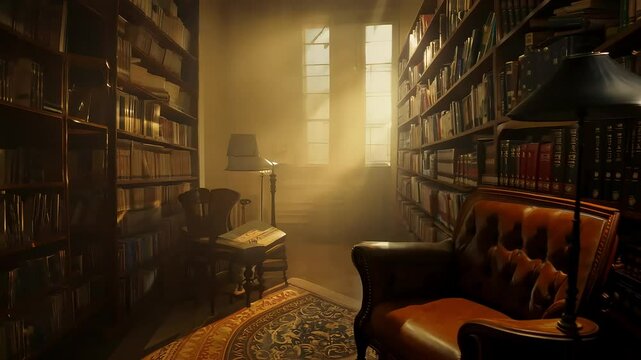 Sunlit library corner with vintage chairs with Ai generated.
