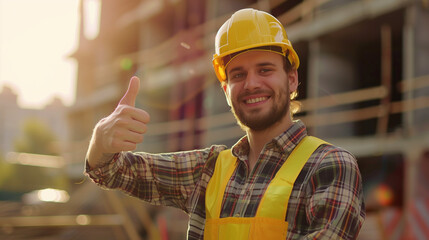 A construction worker in a yellow hard hat and a plaid shirt gives a thumbs up.