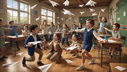 Niños con hiperactividad en un salón de clases aventando aviones de papel, sin el maestro en el aula