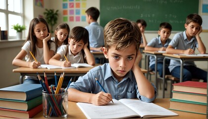 Niño con TDAH en un salón de clases, con problemas de aprendizaje y rendimiento escolar