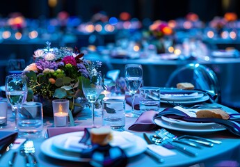 Elegant Blue Lit Table Setting at Award Ceremony