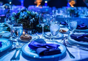 Elegant Blue Lit Table Setting at Award Ceremony