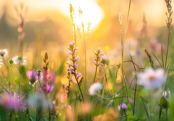 Fototapeta premium Sunrise Meadow with Blooming Wildflowers