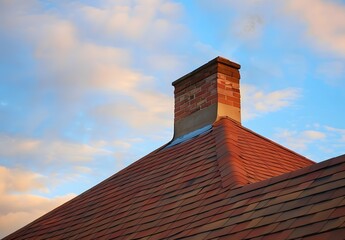 Brick Chimney on Shingle Roof at Sunset