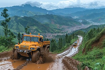 Yellow Truck Navigating Muddy Mountain Road in Rural 