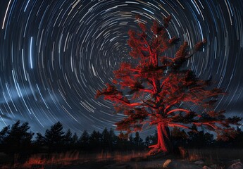 Fototapeta premium Red Tree Under Star Trails Time-Lapse