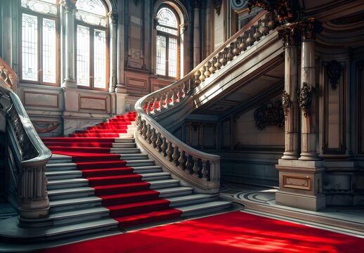 Elegant Palace Staircase with Red Carpet
