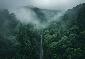Foggy Road Through Lush Green Forest