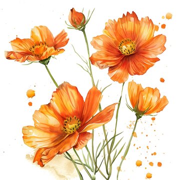 orange cosmos flowers watercolor painting clip art preview
