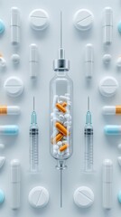 A flat lay of medical syringes, pills, and capsules organized symmetrically for a healthcare and pharmaceutical concept.