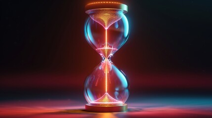 A futuristic hourglass representing the concept of time with vibrant colors and glowing lights in a dark setting.