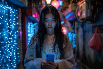 Obraz premium Woman Using Smartphone in Rainy Asian City Street at Night
