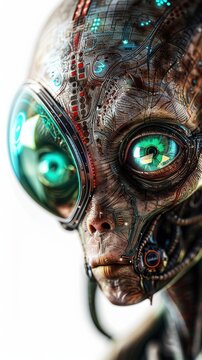 Detailed close-up of a futuristic alien with large eyes and intricate mechanical enhancements, depicting a sci-fi concept.