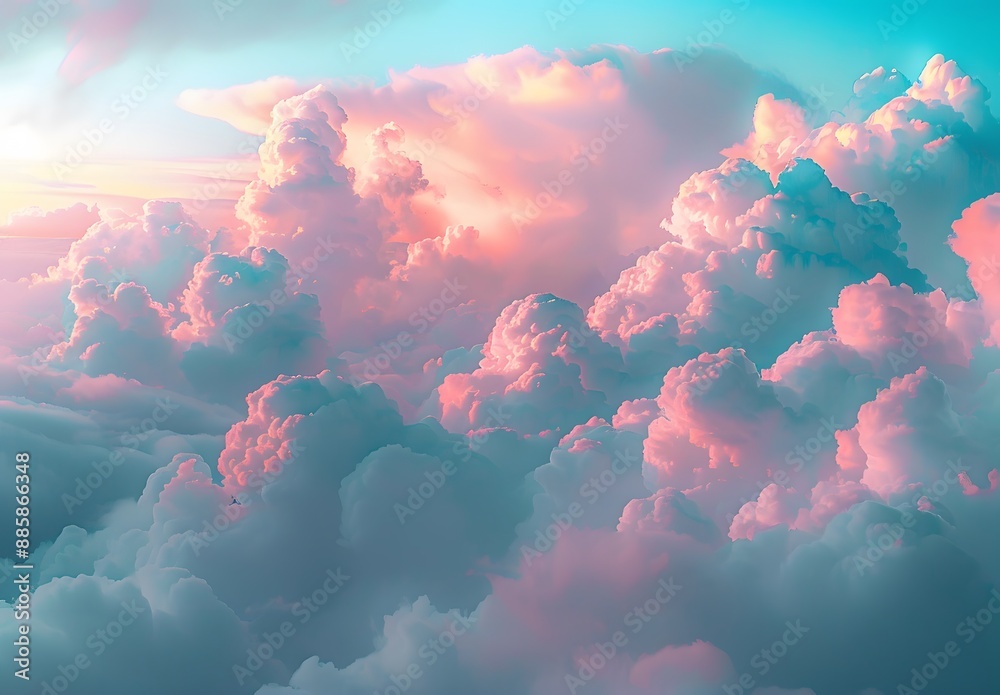 Poster Pink And Blue Sunset Sky With Fluffy Clouds