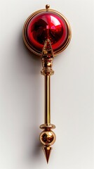 Golden scepter with a red gemstone on a white background, symbolizing power and luxury with intricate details.